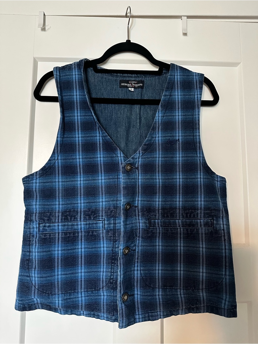 Vintage 1988 Guess Men's Blue Plaid Denim Vest